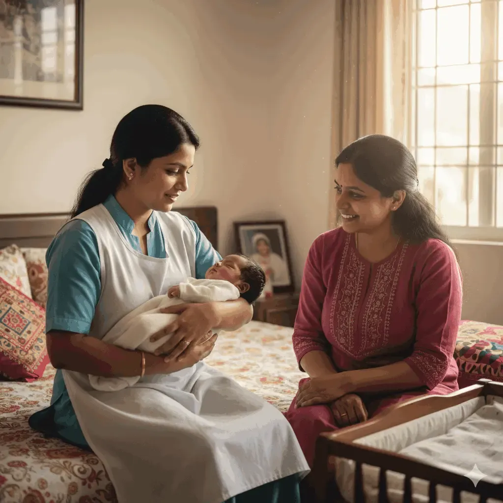 Caretaker gently holding a newborn baby beside the mother